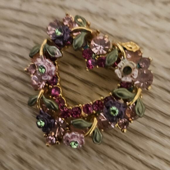 La Mode Collection Floral Heart Brooch Gold Plating Pin Pink Green Missing a Grm - Picture 2 of 4